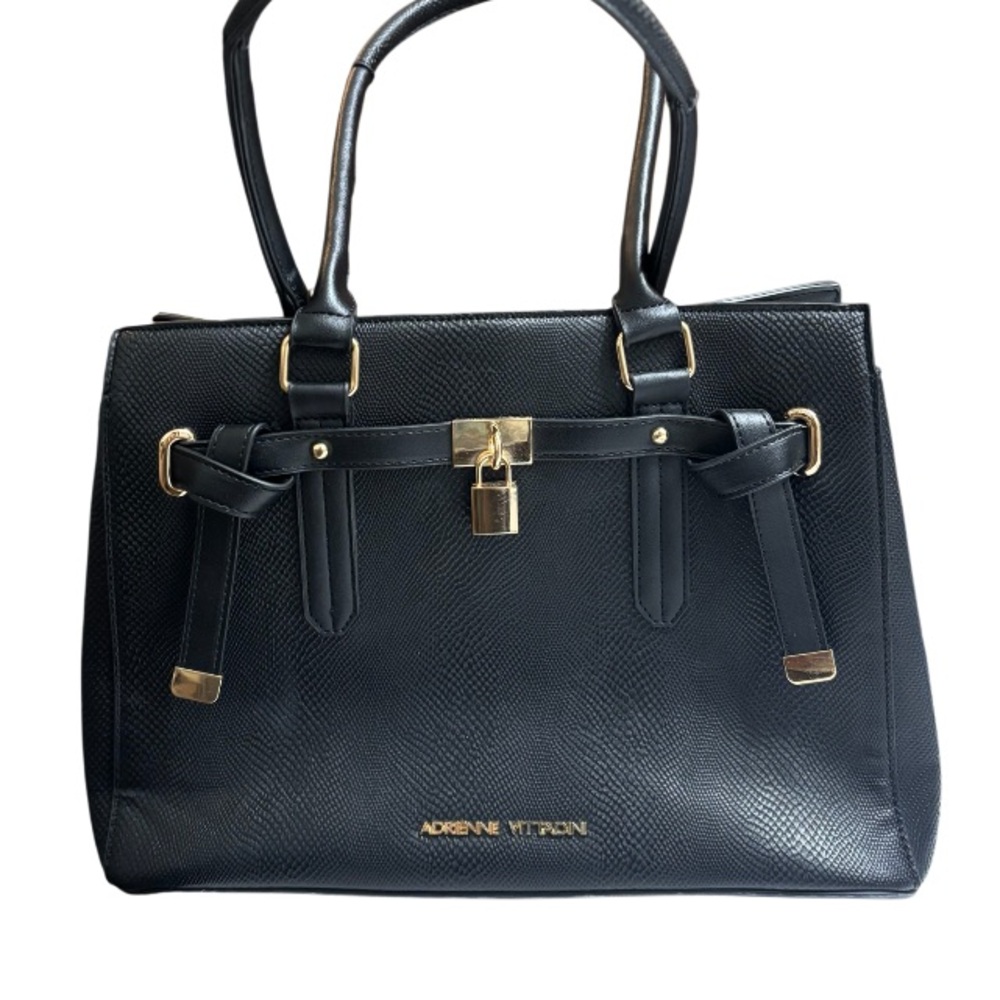 NEW Adrienne Vittadini Black Faux Leather Satchel Gold Hardware Medium Size Bag